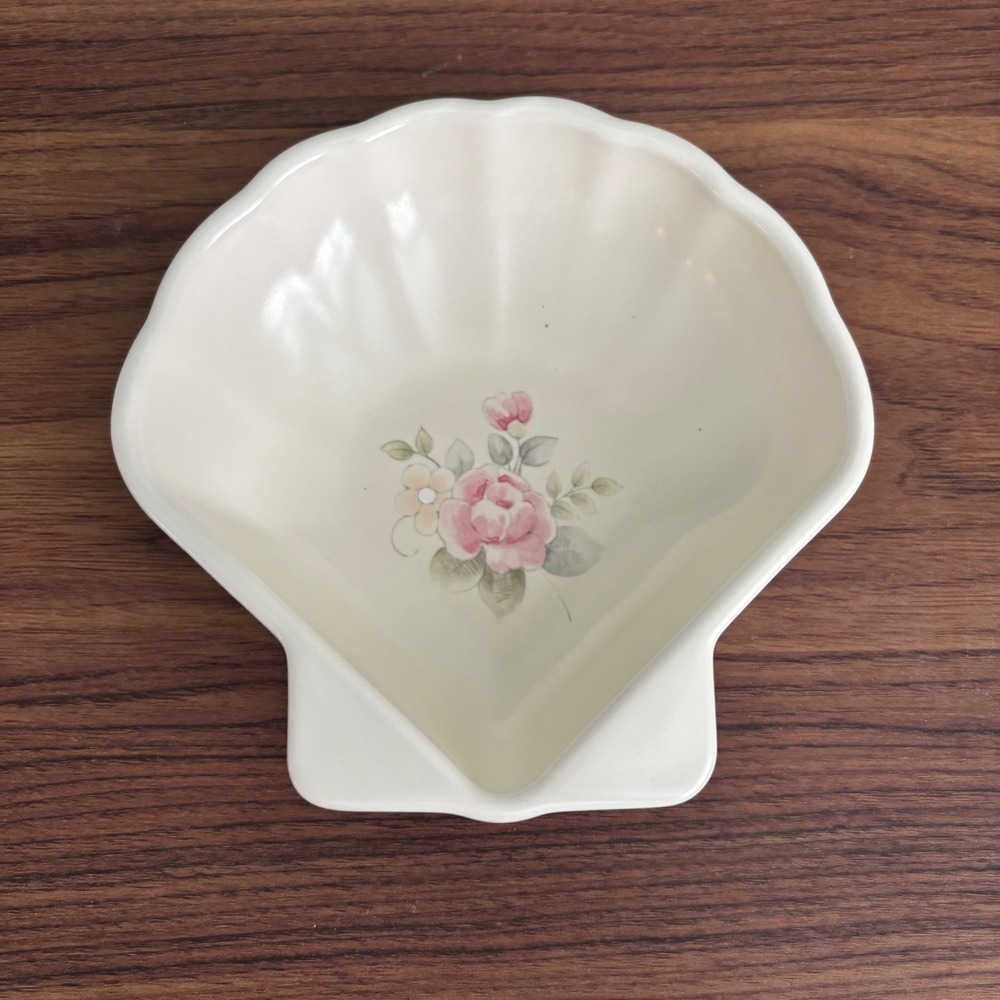 Pfaltzgraff Shell Trinket Dish Cream Excellent Floral Tea Rose Stoneware